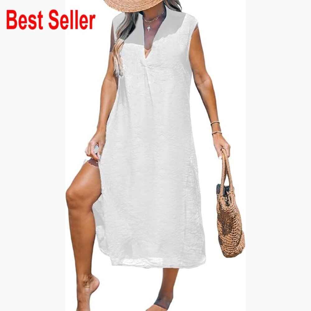 Rayon Coverup Dress Sleeveless V Neck Side Split Beach